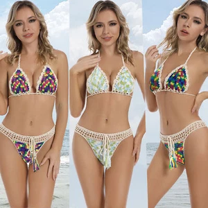 Women Crochet Sexy Bikini Set Swimsuit Bra Briefs Boho Hollow Sunbathing - Picture 1 of 11