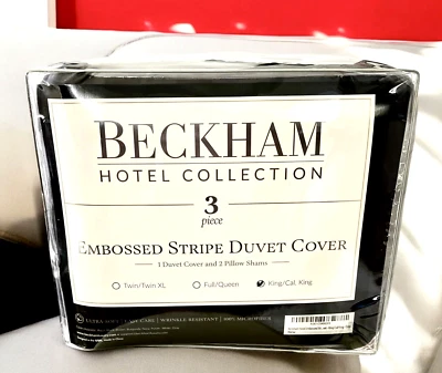 Microfiber CAL KING DUVET & SHAMS Embossed Stripe DARK GRAY Beckham Hotel NEW - Image 1 of 4