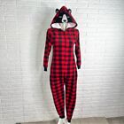 Sleep On It Kids Red Black Buffalo Plaid One Piece Pajamas Bear Hood Size XL
