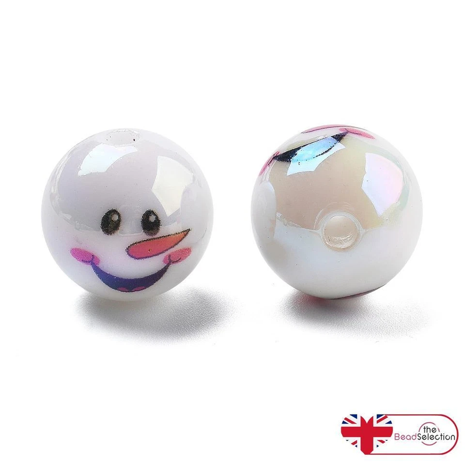 2 SNOWMAN FACE LARGE WHITE 'AB' RAINBOW ROUND BEADS 16mm XMAS ACR245 - Image 1 of 4