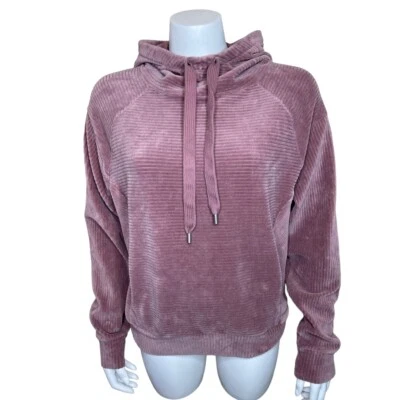 Zella Womens Velour Hoodie S Ribbed Plush Pullover Sweatshirt Pockets Mauve Pink - Image 1 of 4