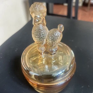 Jeanette Glass Poodle Powder Jar Trinket Dish Peach Luster 6" - Picture 1 of 6