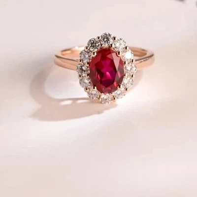 1.80 Ct Oval Cut Lab-Created Red Ruby Halo Engageement Ring 14K Rose Gold Plated - Image 1 of 4