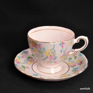 Plant Tuscan Footed Cup & Saucer Enamel Flowers Webbing Pale Pink Gold 1947-1960 - Picture 1 of 12