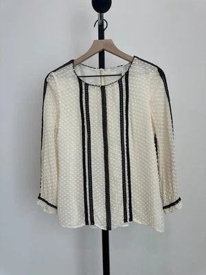 Blusa J.Crew Algodón Seda Marfil Negro Ribete Punto Texturizado Manga Larga Talla 4 Foto 1 de 4