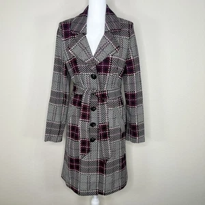 Chaqueta gabardina Cabi Sovereign morera púrpura a cuadros tejida con cinturón #3370 - Imagen 1 de 12