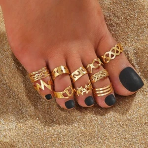 10pcs/set Gold / Silver Toe Ring Retro Beach Jewelry Hollow Open Joints Rings - Picture 1 of 16
