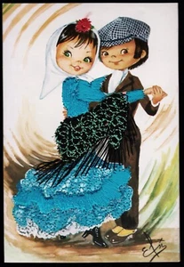Spanish Children Dancing Big Eyes Embroidered Elsi Gumier Postcard - Picture 1 of 2