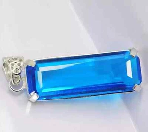 Natural 95 Ct + Blue Topaz "PENDANT" Emerald Cut Solid Silver Certified Gemstone - Picture 1 of 8