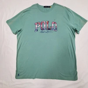 2XB Polo Ralph Lauren Faded Mint Green Plaid Patchwork Logo T-Shirt 54" FLAW - Picture 1 of 10