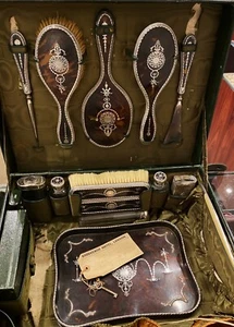Juego de tocador eduardiano inglés plateado carey en estuche de viaje - Imagen 1 de 20