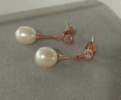 Rose Gold Over Silver Tear-Shaped Freshwater Pearl CZ Dangle Stud Earrings PE5 - Image 1 of 3