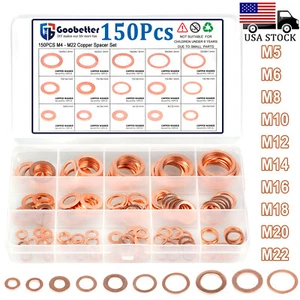 Juego de juntas de arandela de trituración de cobre 150 piezas Kit de surtido de sellos de anillo plano para M5-M22 - Imagen 1 de 16
