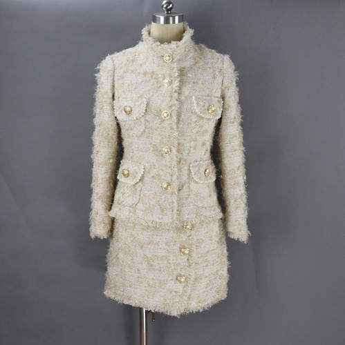 VETEMENTS Cappotto donna designer ispirato nappe lana tweed linea A gonna vita alta set 2 pezzi