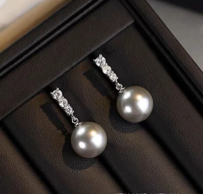 Aretes de circonita con perlas grises de plata de ley maciza genuina Foto 1 de 4