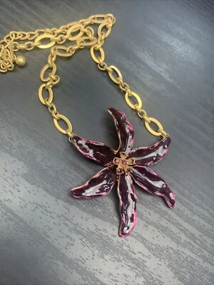 "Collar Kenneth Jay Lane de colección lirio púrpura esmalte estrás cadena dorada 20""" Foto 1 de 4