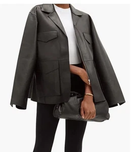 New $2300 TOTEME Avignon Patch-Pocket Leather Jacket Full-Zip Oversize M, Black - Picture 1 of 14