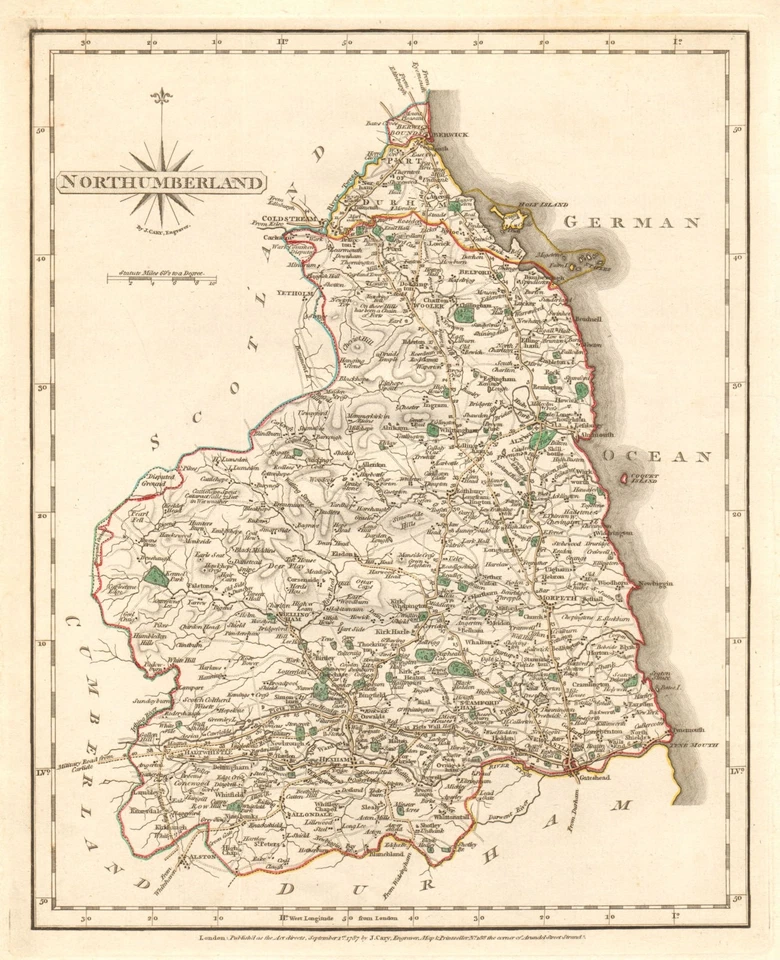 Antique county map of NORTHUMBERLAND by JOHN CARY. Original outline colour 1787 - Image 1 of 1