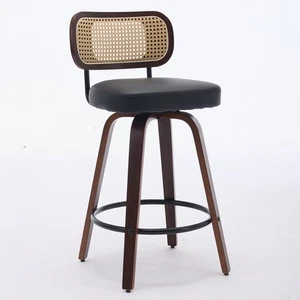 4 Set PU Barstools 26" Swivel Counter Height Bar Chairs Rattan Back Wooden Legs - Picture 1 of 21