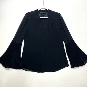 Black Blouse Top Shirt Pleated Bell Sleeves Sz 10 Lg White House Black Market - Picture 1 of 8