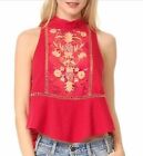 Free People S Flora Top Red Swing Tank Embroidered Lace Mock Neck Handkerchief