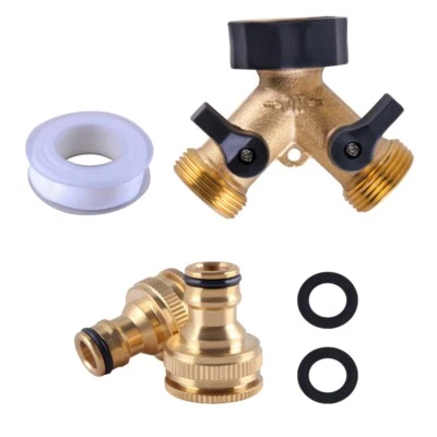 2 Way Brass Hose Pipe Valve Splitter Quick Connector Adaptor Y-shaped Garden Tap - Image 1 of 4