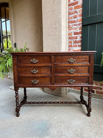 Antique English Hall Table Chest Sideboard Cabinet Jacobean Carved Oak Bobbin Cover