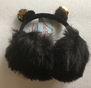 Cat & Jack Girls Earmuffs One Size Black With Gold Sequin Ears Soft Plush Knit - Picture 1 of 5
