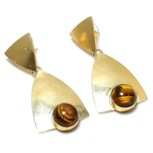 Aretes de diseño enchapados en oro con piedras preciosas ojo de tigre joyería - Imagen 1 de 1