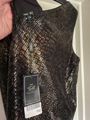 Next Black bronze gold sequin v back party dress. Size 14 tall.  New with tags. - Image 1 of 4