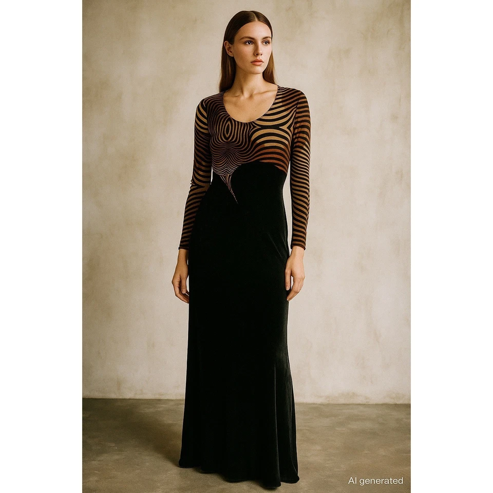 Vestido de Terciopelo Joseph Ribkoff Talla 6 Negro Marrón Manga Larga Geométrico Avant Garde Foto 1 de 4