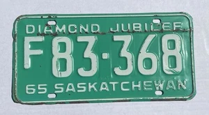 Single 1965 SASKATCHEWAN CANADA License Plate #F83-368 DIAMOND JUBILEE - Picture 1 of 2