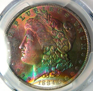 Dólar Morgan arco iris 1884-O graduación profesional MS64 CAC ~ VIBRANTE ANVERSO ARCO IRIS TONIFICACIÓN * - Imagen 1 de 6