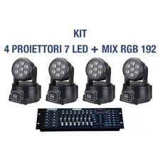 KIT 4X PROIETTORE LED RGB TESTA MOBILE ROTANTE DISCOTECA LUCI 7 LED DMX + MIXER