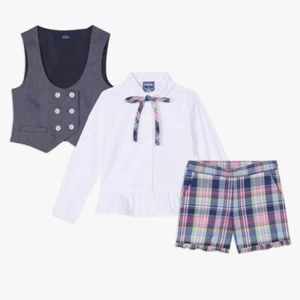 NEW! IZOD Girls 4pc Set Shirt, Double Breasted Vest & Neck Tie & Shorts Girls 5. - Picture 1 of 7