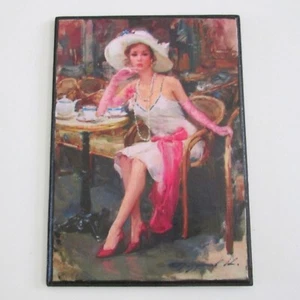 Konstantin Razumov Wood Plaque 1930s Girl In Cafe KPM Style 5 x 7 - Picture 1 of 3