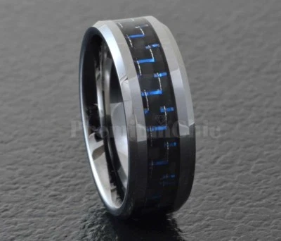 Tungsten Carbide Black Blue Carbon Fiber Ring Men's Engagement Wedding Band - Image 1 of 4
