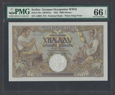 [PMG-66 EPQ] 1942 Serbia 1000 Dinara P-32a J0001-374 - Image 1 of 2