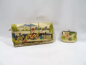 ANCIENNE POCHETTE SAC PORTE MONNAIE CUIR GAUFRE PEINT ART ASIATIQUE JAPON JAPAN - Imagen 1 de 16