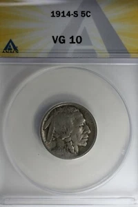 1914-S .05 ANACS VG 10 Buffalo Nickel, Indian Nickel, 5 Cent Piece - Picture 1 of 2
