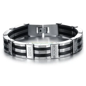 8.2" Black Silicone Silver Tone Link Cross Men's Stainless Steel Bangle Bracelet - Bild 1 von 7