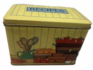 Vtg Hong Kong Recipe Box Rectangular Yellow W/Blue Pinstripe Fruits Baking Theme - Picture 1 of 9