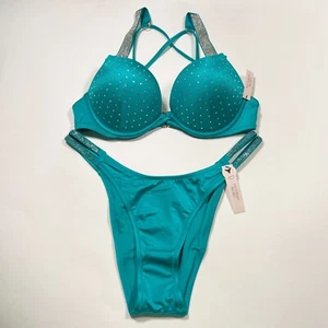 Victoria Secret 36DD L Bombshell Push Up Bikini Set Shine Strap Capri Sea Blue - Picture 1 of 11