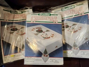 Bucilla Christmas TO ALL A GOOD NIGHT Cross Stitch Kits Tablecloth & 8 Napkins - Picture 1 of 9
