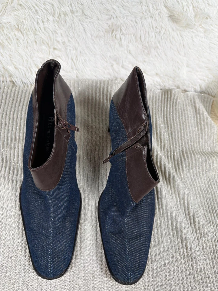 Botines Etienne Aigner Donnie Azul Denim/Marrón Cuero Tacón Bloque Talla 8M Foto 1 de 4