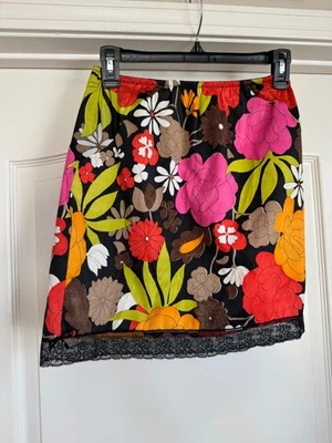 VTG 60'S VANITY FAIR MOD FLORAL NYLON BLACK PINK ORANGE DAISY SKIRT HALF SLIP L - Image 1 of 4