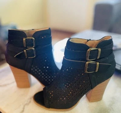 Botines Brash Peep Toe tacón bloque recortados negros al tobillo para mujer talla 5,5 Foto 1 de 4