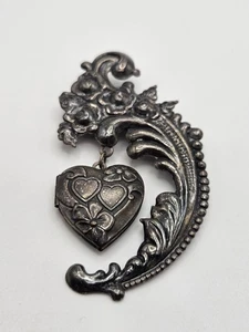 Vintage Piddly Links Victorian Revival Floral Dangle Heart Locket Brooch Pin - Picture 1 of 10