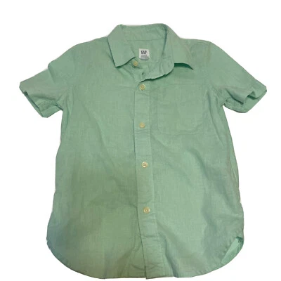 Gap Kids Xs 4-5 синий зеленый воротник кнопка спереди льняное платье рубашка с коротким рукавом - Изображение 1 из 4