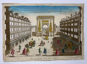 PORTE ST DENIS PARIS c. 1760 LARGE ANTIQUE OPTICAL VIEW IN PERSPECTIVE -RARE - Picture 1 of 5